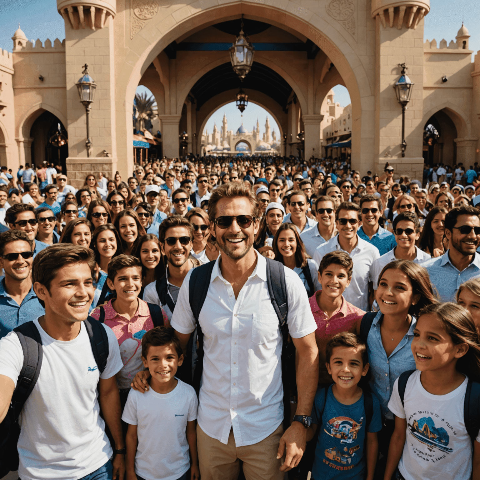 A-list celebrity surrounded by excited fans at the entrance of Dubai Theme Parks, with colorful rides and attractions visible in the background